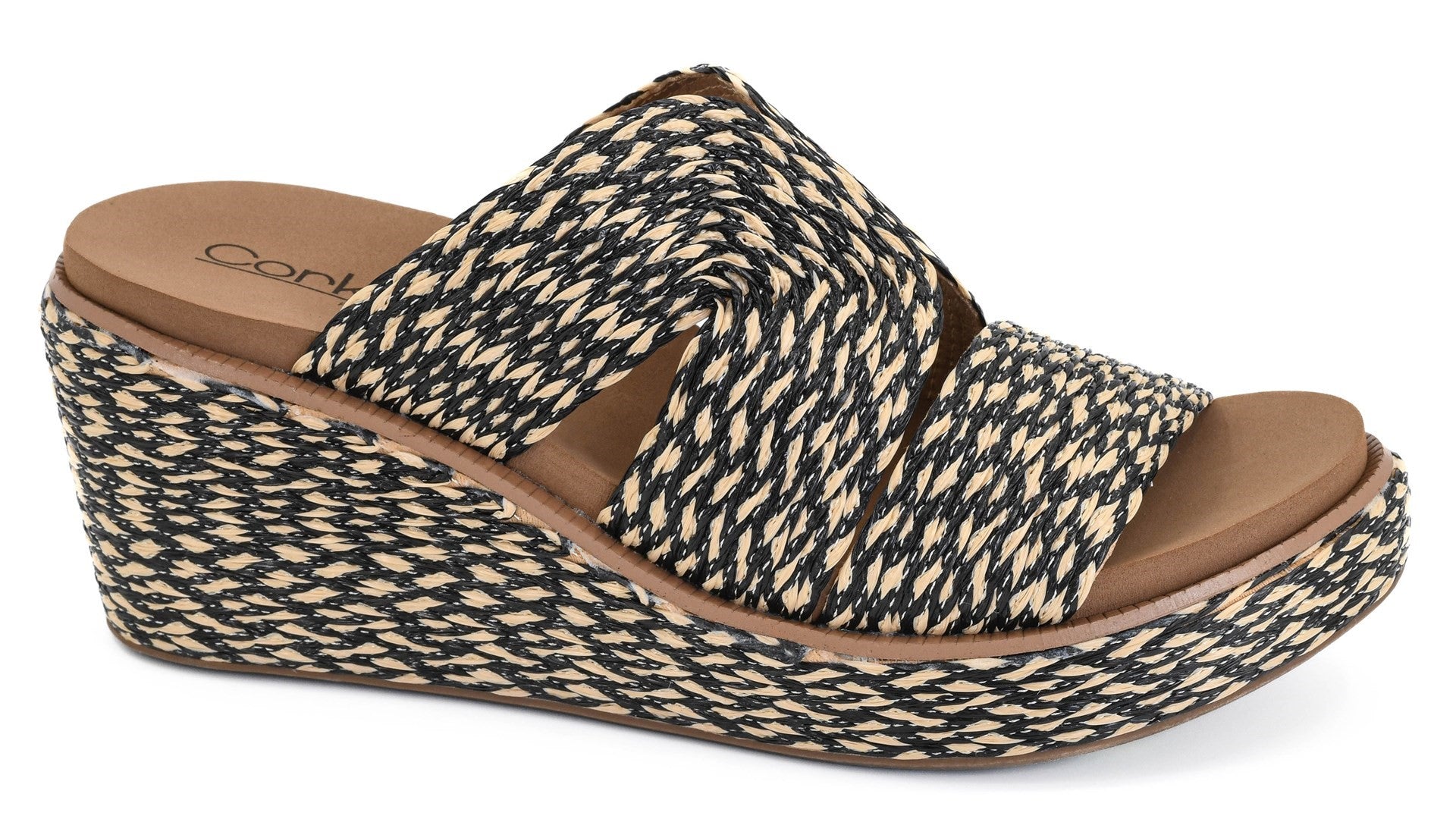 GOLDEN HOUR BLACK COMBO CORKYS SANDAL WEDGES