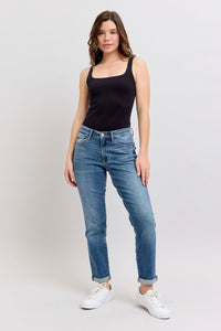 MID RISE VINTAGE WASH DARK WASH NON DESTROY BOYFRIEND FIT JUDY BLUE DENIM-PLUS
