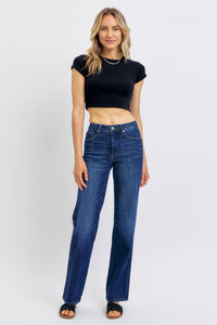 JUDY BLUE MID RISE TUMMY CONTROL CLASSIC STRAIGHT DARKWASH DENIM