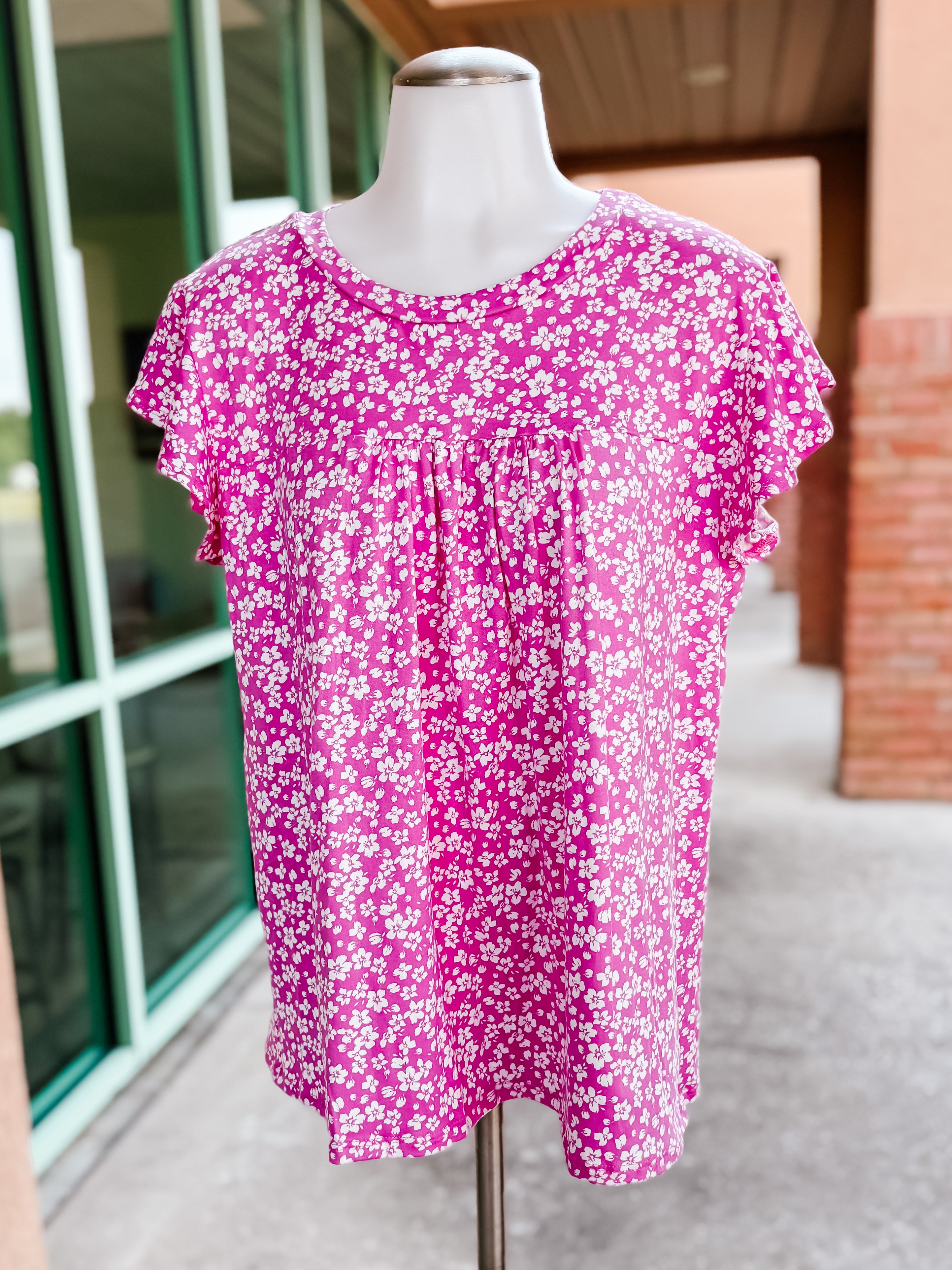 Fuchsia Floral Ruffle Short Sleeve Top- SALE