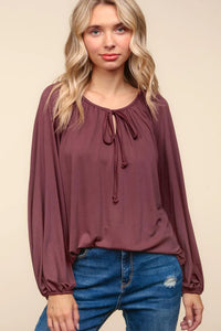 WINE MARSALA FRONT NECK TIED SOLID MODAL KNIT PEASANT TOP