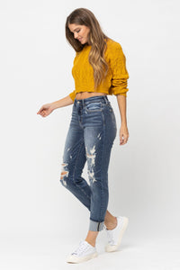 MID RISE CUFFED DESTROYED BOYFRIEND MEDIUM WASH JUDY BLUE DENIM