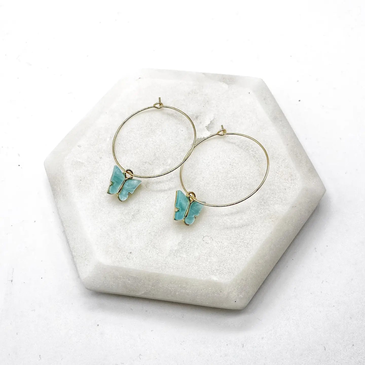 TEAL MINT BUTTERFLY GEM STONE HOOP STATEMENT HANDMADE BBB EARRINGS