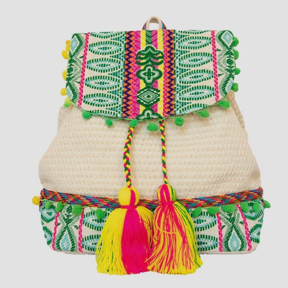 Magdelena Aztec Cotton Backpack Tassels Beige & Green