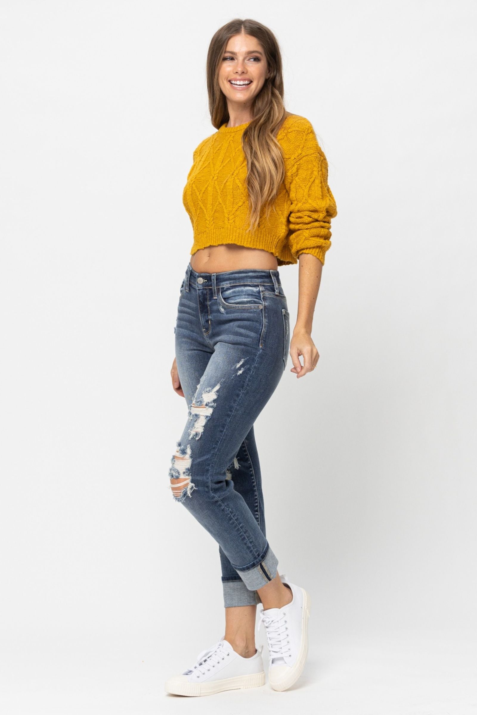 MID RISE CUFFED DESTROYED BOYFRIEND MEDIUM WASH JUDY BLUE DENIM