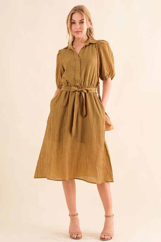 MARIGOLD TEXTURED LINED MIDI WAIST TIE DRESS-PLUS