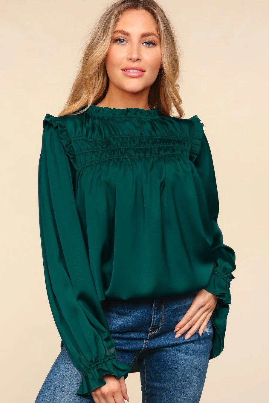 HUNTER GREEN MOCK NECK SATIN WOVEN RUCHED BLOUSE-PLUS