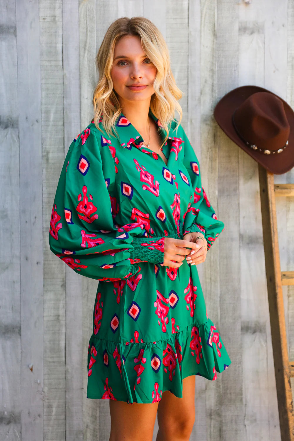 ROYAL GREEN PINK MULTI AZTEC TRIBAL SMOCKED CUFF SLEEVES LONGSLEEVE DRESS