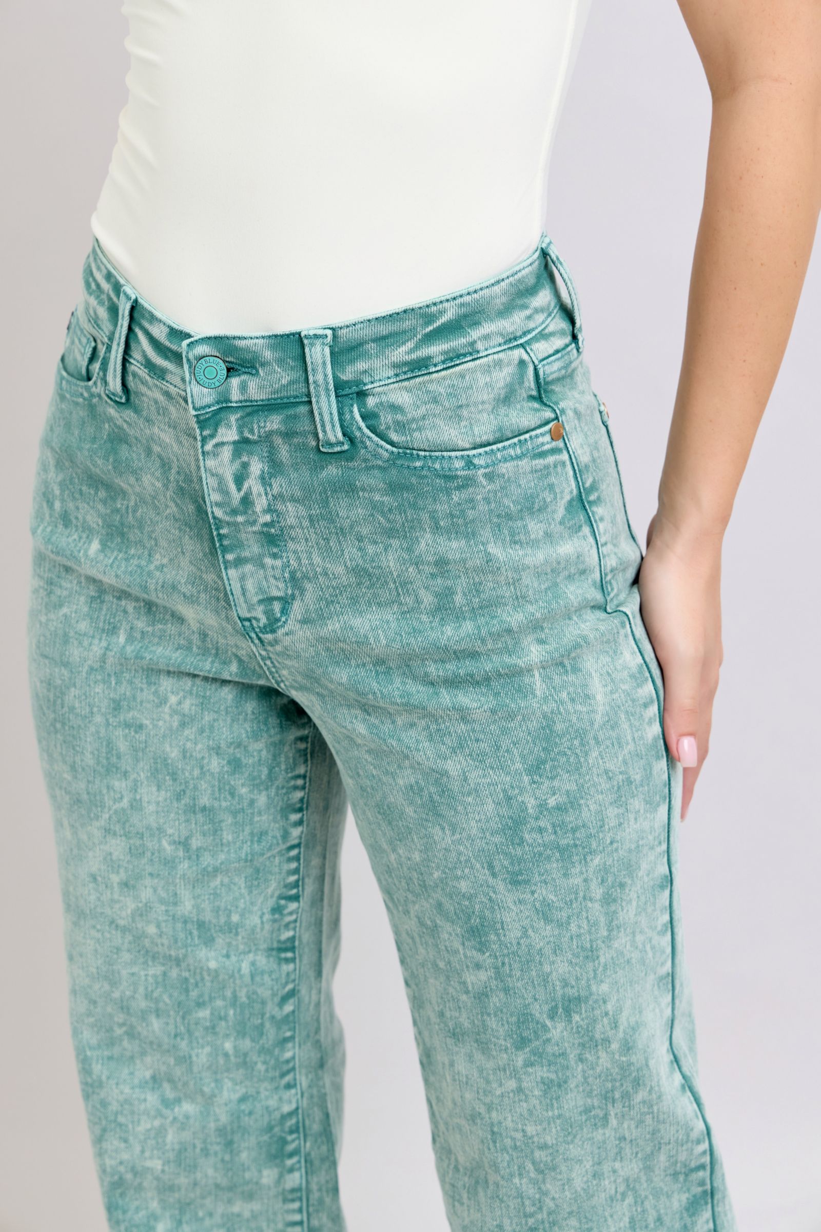 HIGH WAIST SEA GREEN GARMENT DYED RAW HEM “DAD JEANS” JUDY BLUE DENIM