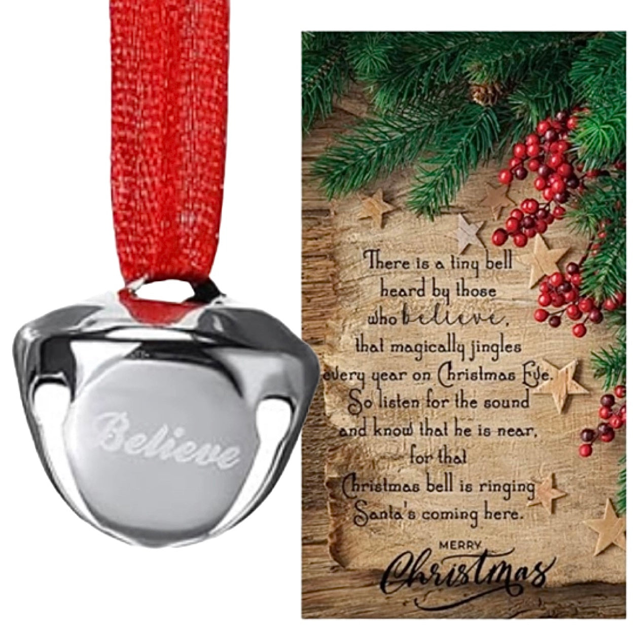 SILVER "BELIEVE" BELL FROM SANTA'S SLEIGH WITH POEM CARD IN ORGANZA BAG
