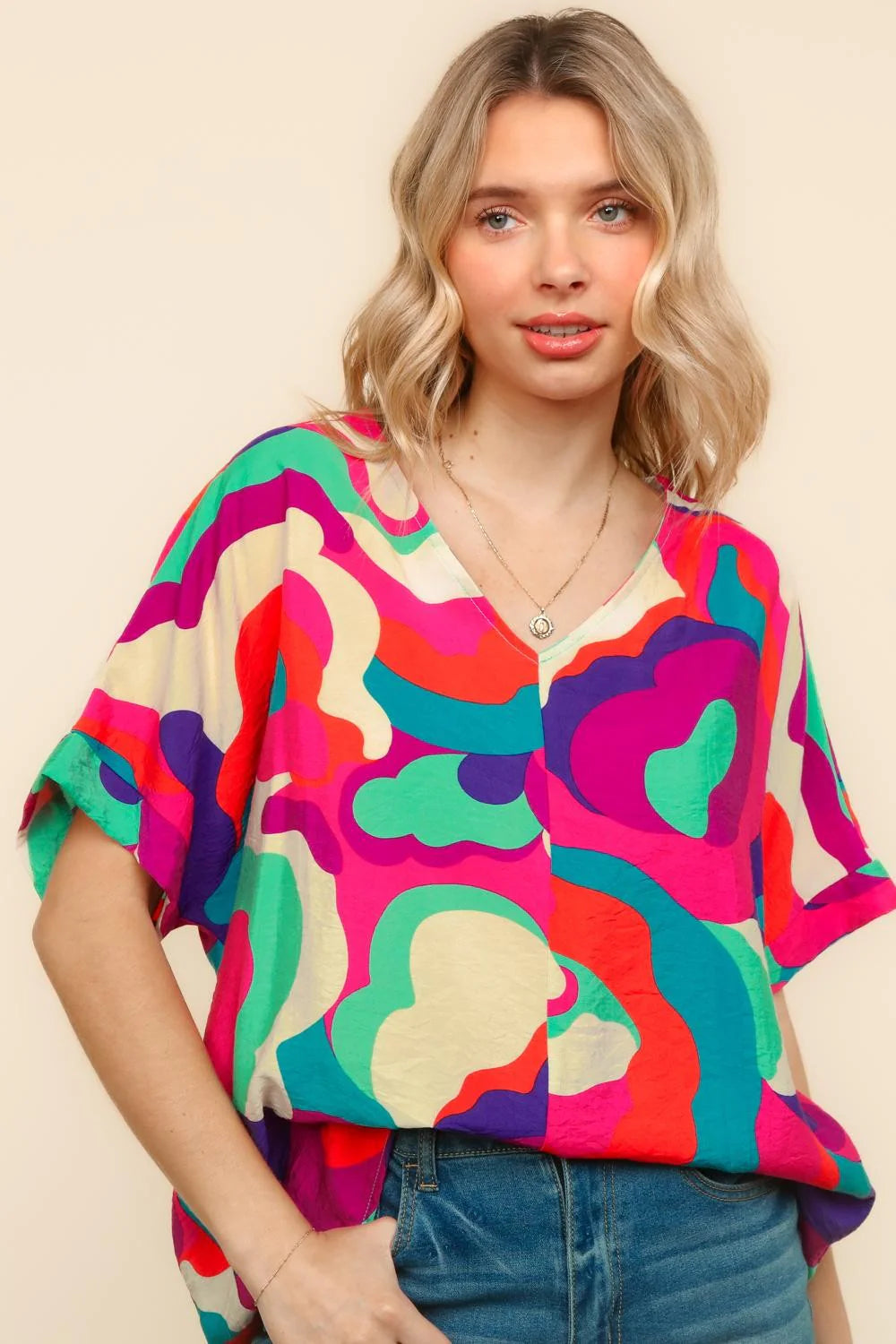 PINK BLUE GEOMETRIC WOVEN DROP SHOULDER TOP