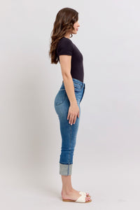 HIGH WAIST TUMMY CONTROL MEDIUM WASH BACK SHIELD POCKETS & CUFFED CAPRIS JUDY BLUE DENIM-PLUS