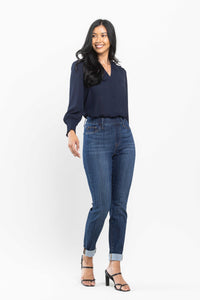 Darkwash High Waist Judy Blue Double Cuff Slim Fit Pull On Denim- SIZE 1 left.