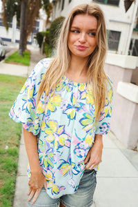 AQUA YELLOW GREEN BLUE FLORAL BUBBLE SLEEVE TOP