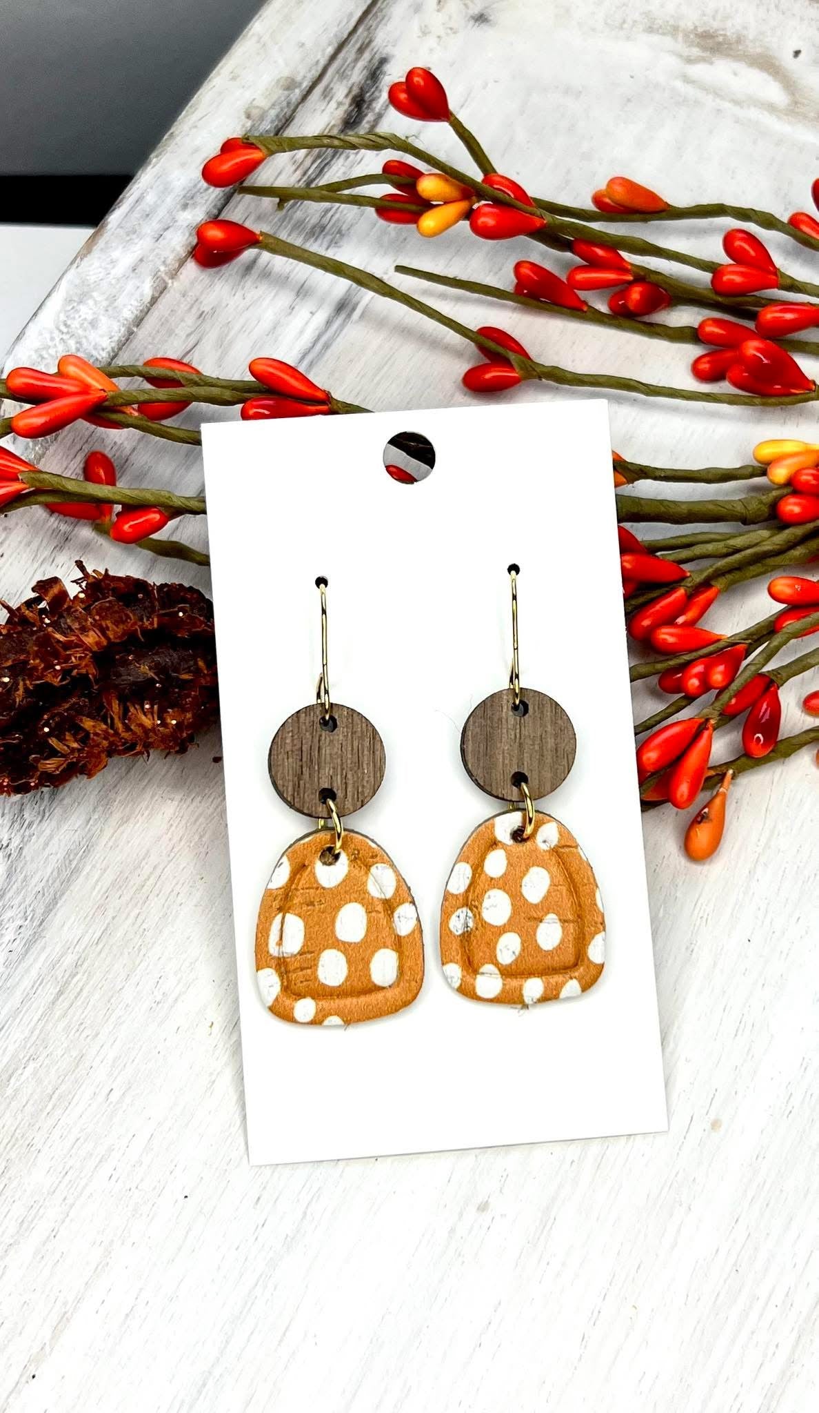 MUSTARD POLKA DOT WOOD CIRCLE HANDMADE EARRINGS BY B.O.D