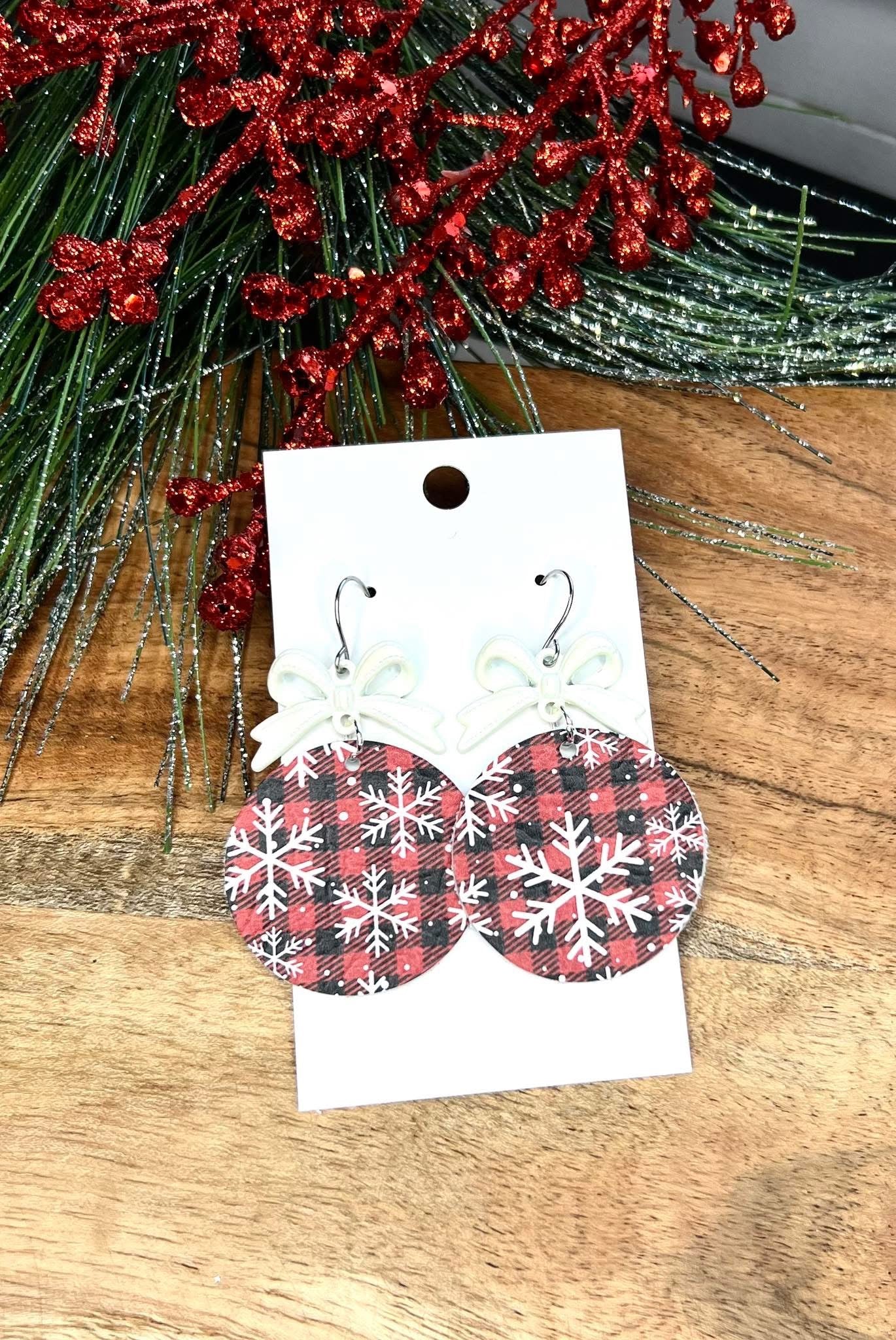 RED PLAID SNOWFLAKE PRINT WITH WHITE METAL BOWS HANDMADE EARRINGS BY B.O.D