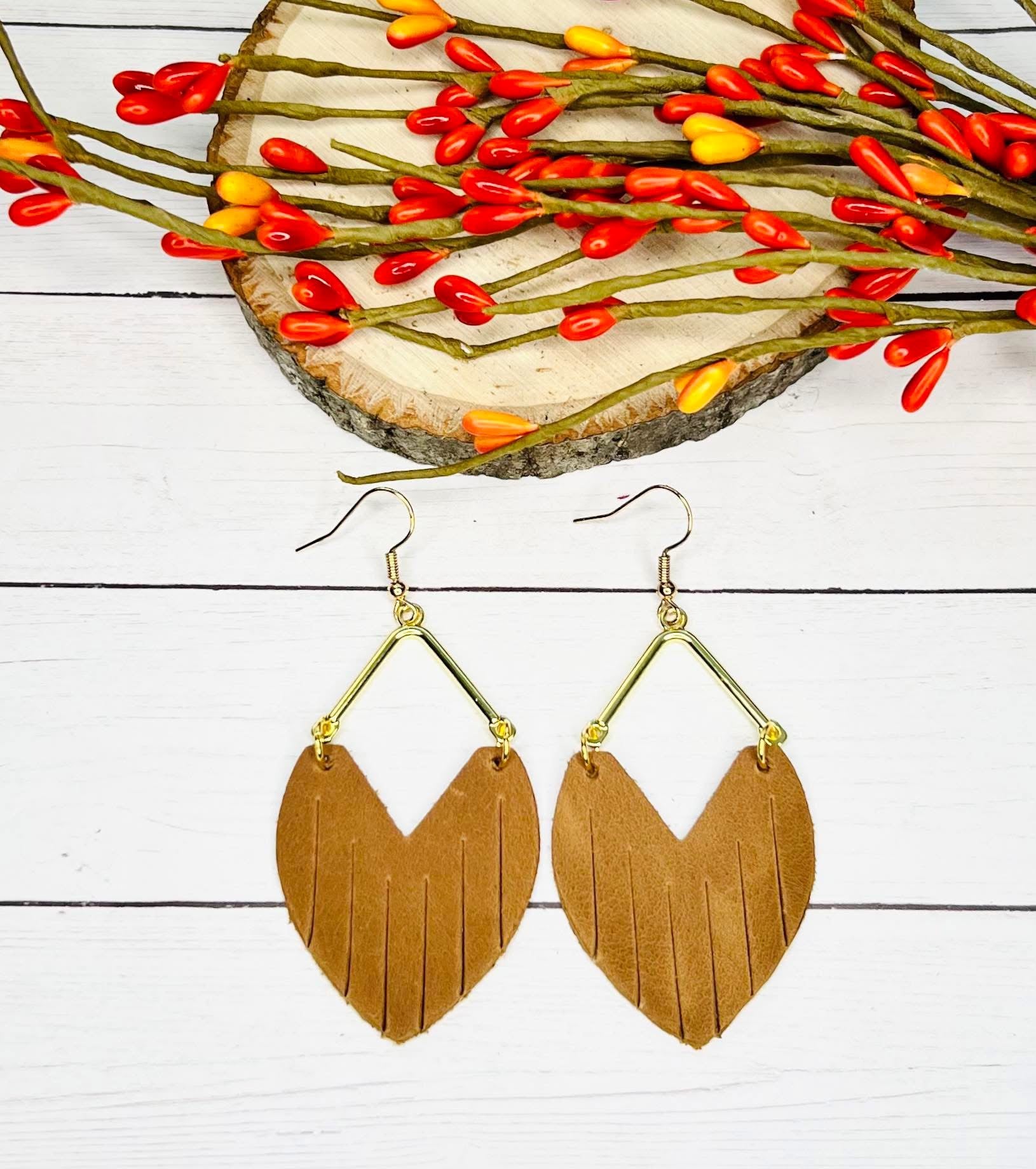 BROWN COGNAC LEATHER TEARDROP FRINGE GOLD HARDWARE HANDMADE EARRINGS BY B.O.D