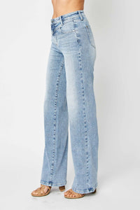 JUDY BLUE HIGH WAIST FRONT YOKE RETRO WIDE MEDIUM WASH DENIM