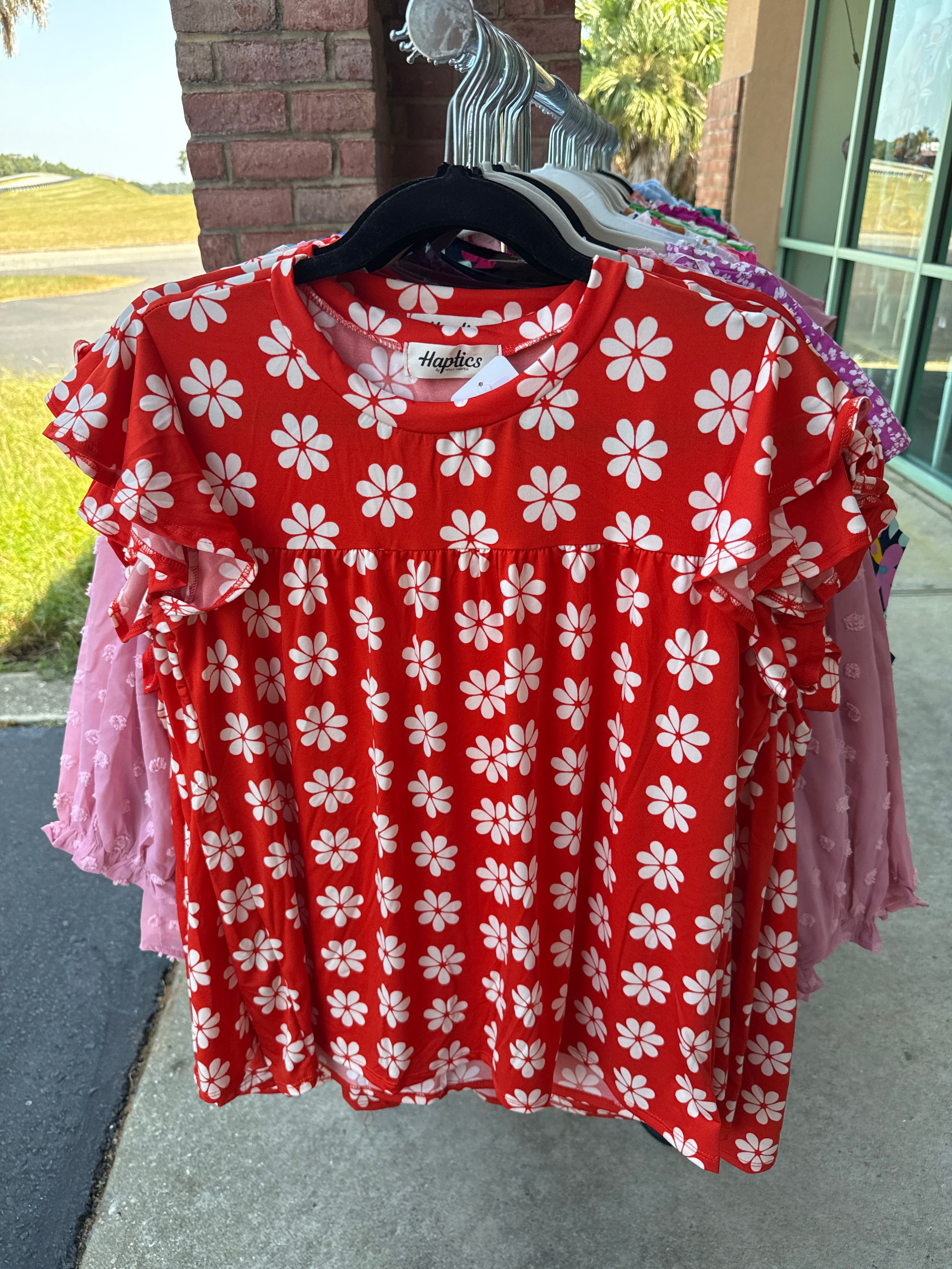 Red Floral Yoke Ruffle Top- PLUS- SALE- 3X AVAILABLE