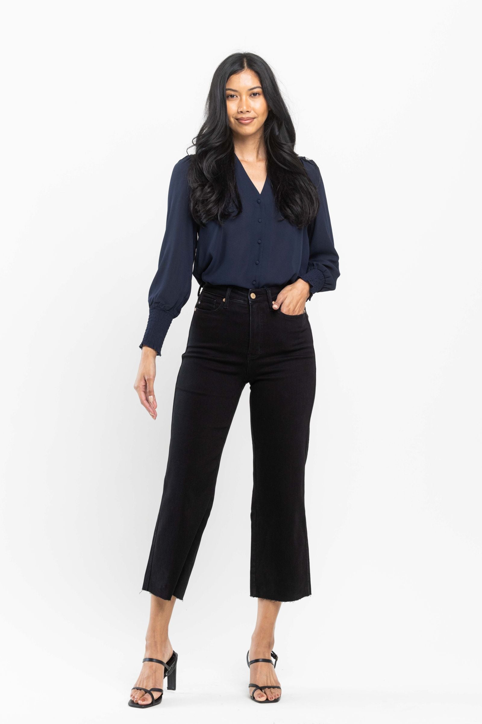 JUDY BLUE HIGH WAIST TUMMY CONTROL BLACK WIDE CROP LEG DENIM-PLUS