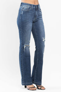 DARKWASH MID RISE HAND SAND DESTROYED BOOTCUT JUDY BLUE DENIM