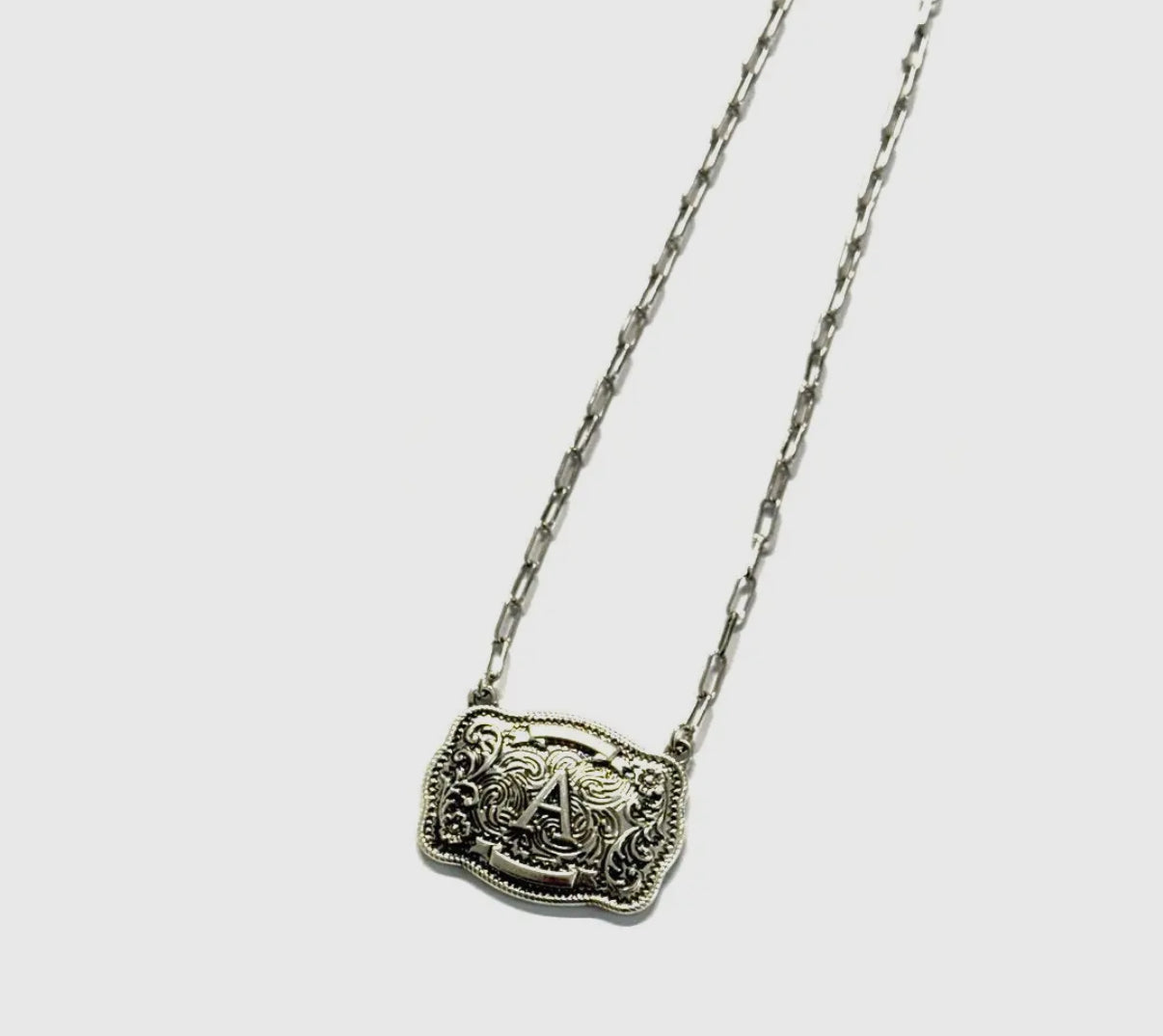 SILVER WESTERN BELT BUCKLE INITIAL NECKLACE