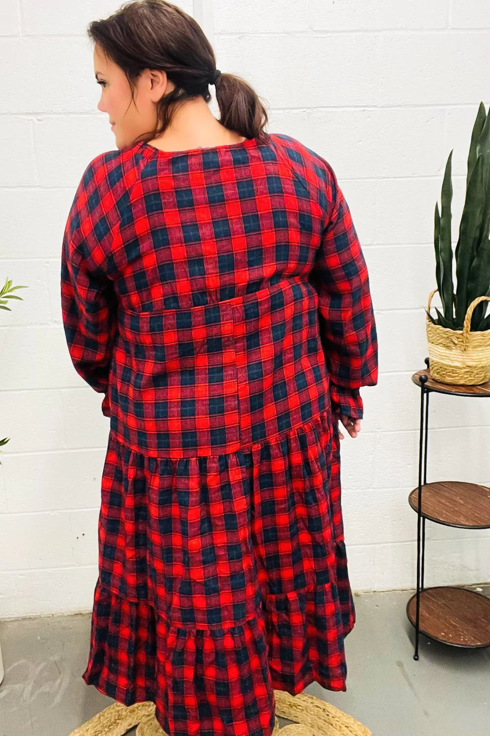 CHRISTMAS PLAID RUFFLE VNECK ELASTIC WAIST MAXI DRESS