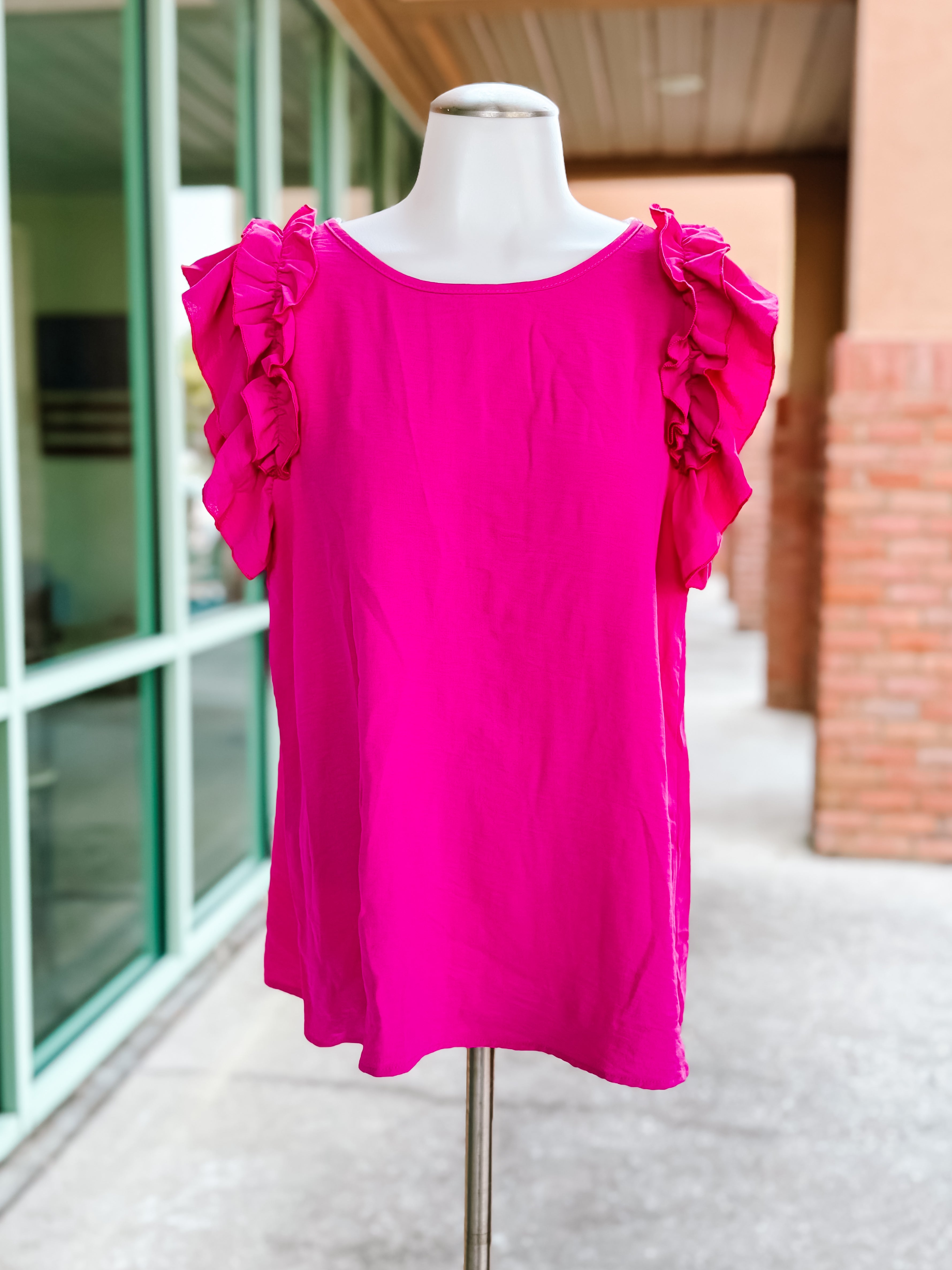 Hot Pink Crinkle Double Ruffle Short Sleeve Top- SALE