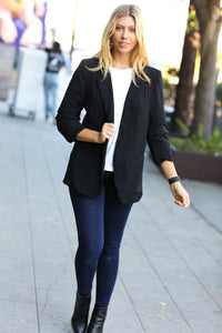 BLACK NOTCHED LAPEL RUCHED SLEEVE BLAZER-PLUS