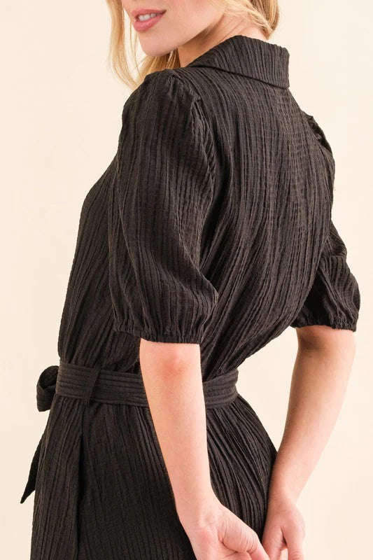 BLACK TEXTURED LINED MIDI WAIST TIE DRESS