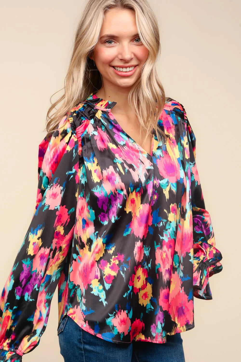 BUBBLE LONG SLEEVE FLORAL WOVEN TOP