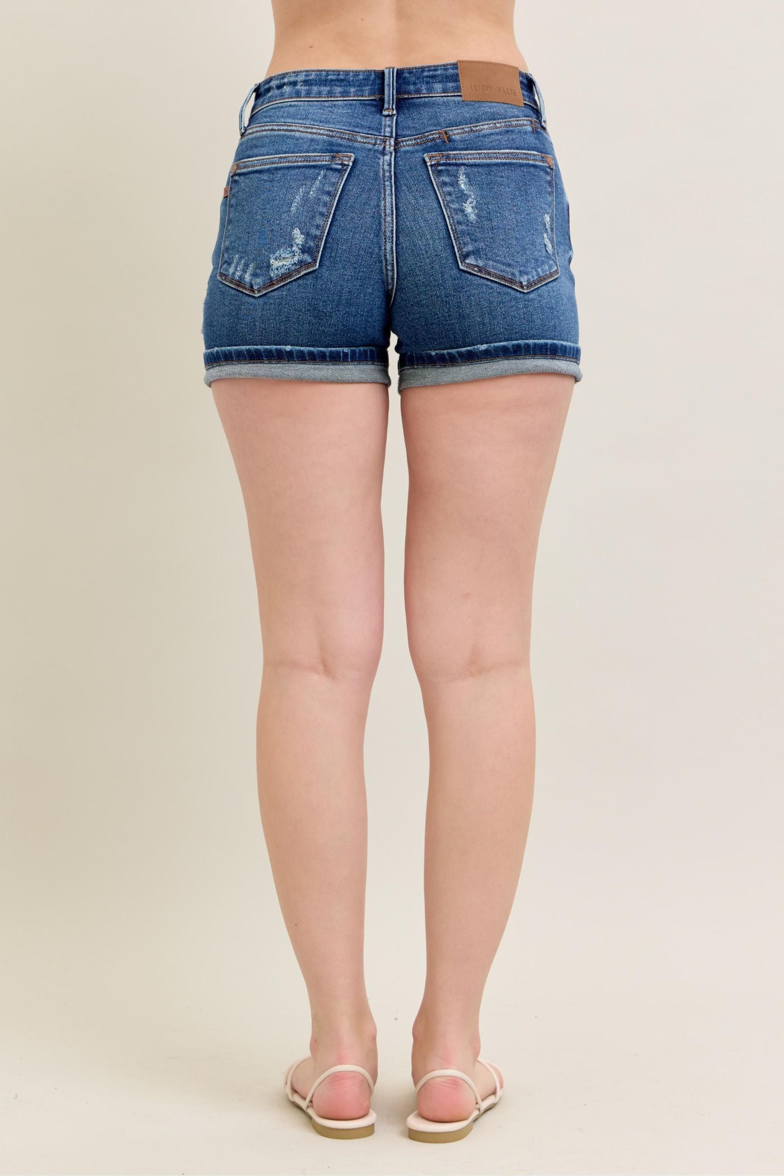 MID RISE DAD SHORT WITH DESTROYING YOKE POCKET FAUX SELVEDGE CUFFED DARKWASH DENIM SHORTS BY JUDY BLUE- SALE- LARGE LEFT