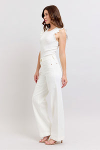 HIGH WAIST DOUBLE BUTTON WAISTBAND TROUSER WHITE WIDE LEG COIN POCKET EMBROIDERY DETAIL JUDY BLUE DENIM-PLUS