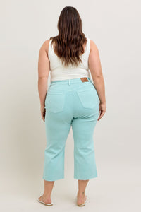 LIGHT BLUE SKY HIGH WAIST GARMENT DYED RAW HEM CROP WIDE LEG JUDY BLUE DENIM-PLUS