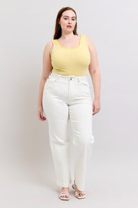 HIGH WAIST DOUBLE BUTTON WAISTBAND TROUSER WHITE WIDE LEG COIN POCKET EMBROIDERY DETAIL JUDY BLUE DENIM-PLUS
