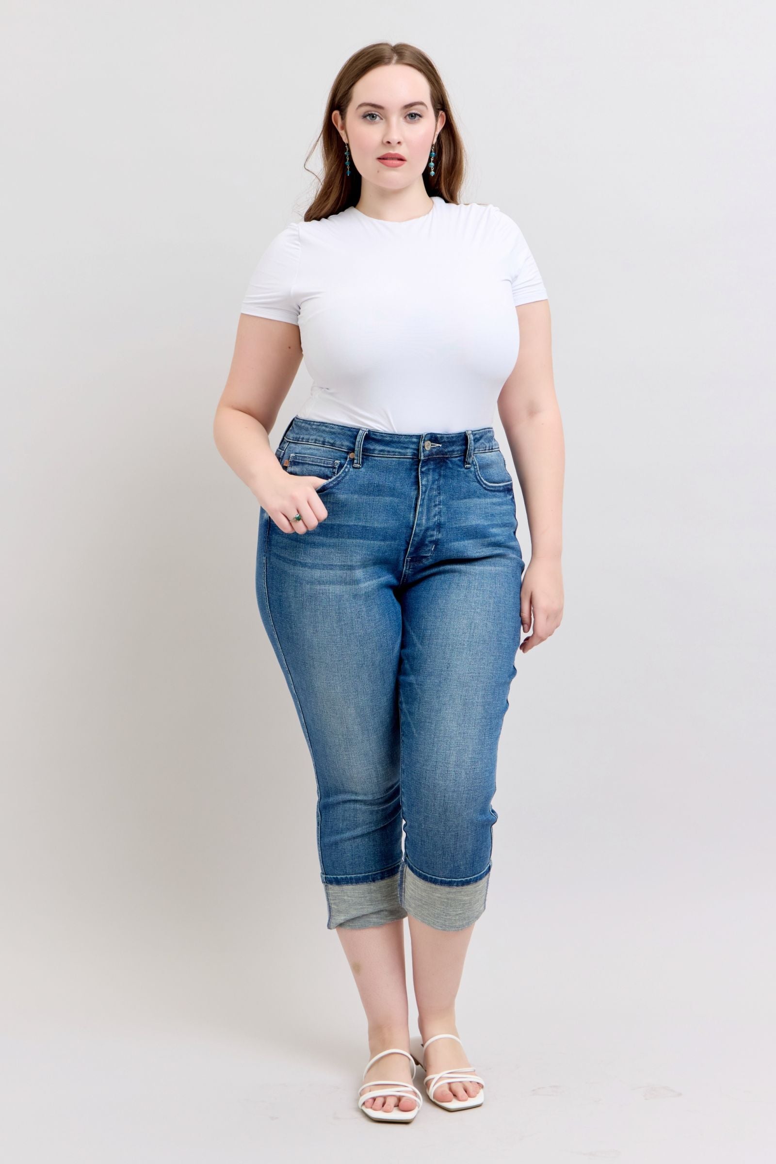 HIGH WAIST TUMMY CONTROL MEDIUM WASH BACK SHIELD POCKETS & CUFFED CAPRIS JUDY BLUE DENIM-PLUS
