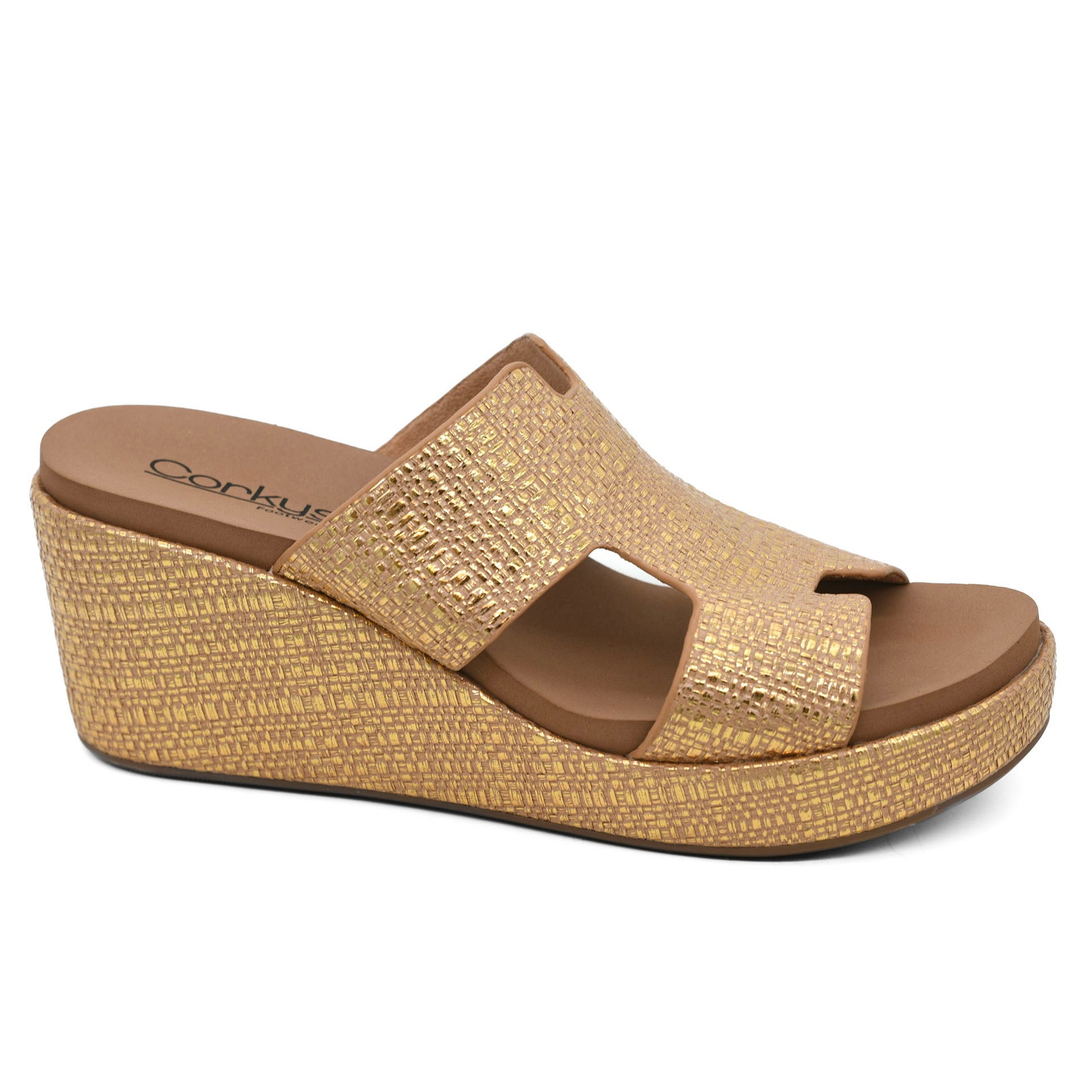 PUCKER UP GOLD RAFIA CORKYS SANDAL WEDGES