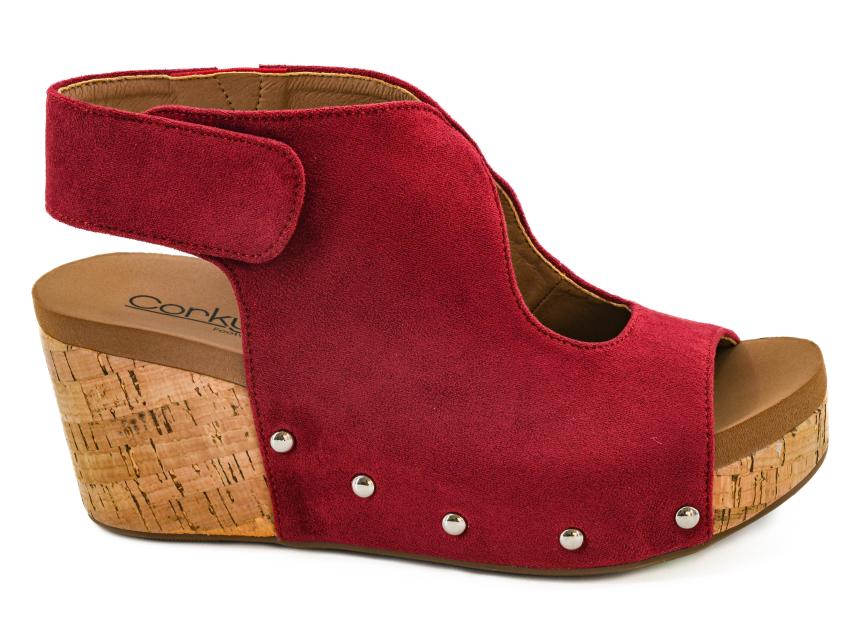 DARK RED FAUX SUEDE FRISKY CORKYS SANDAL WEDGES