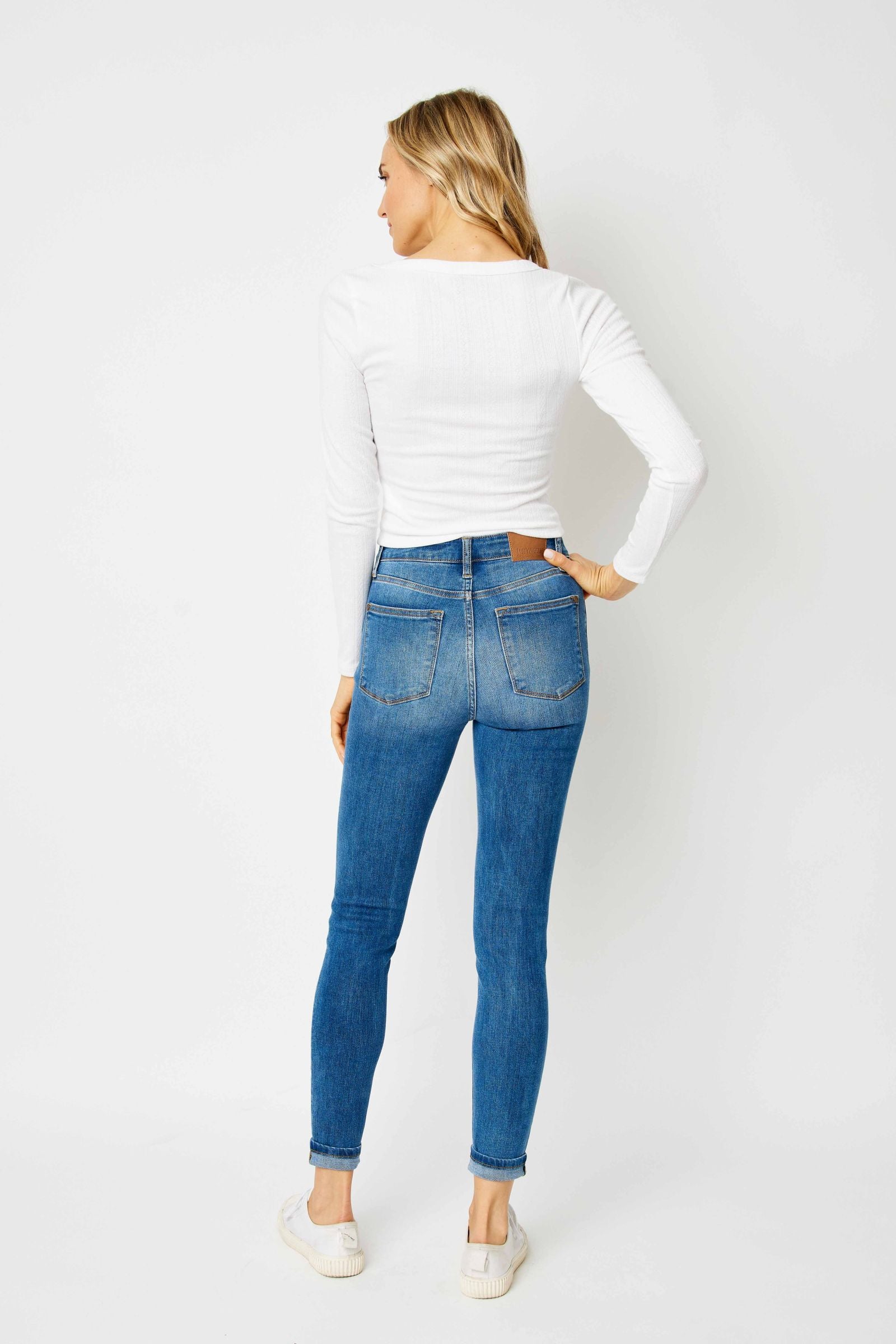 MEDIUM WASH HIGH WAIST CUFFED HEM SKINNY JUDY BLUE DENIM-PLUS