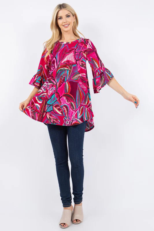 MAGENTA TEAL ABSTRACT PRINT BELL SLEEVE TOP-PLUS