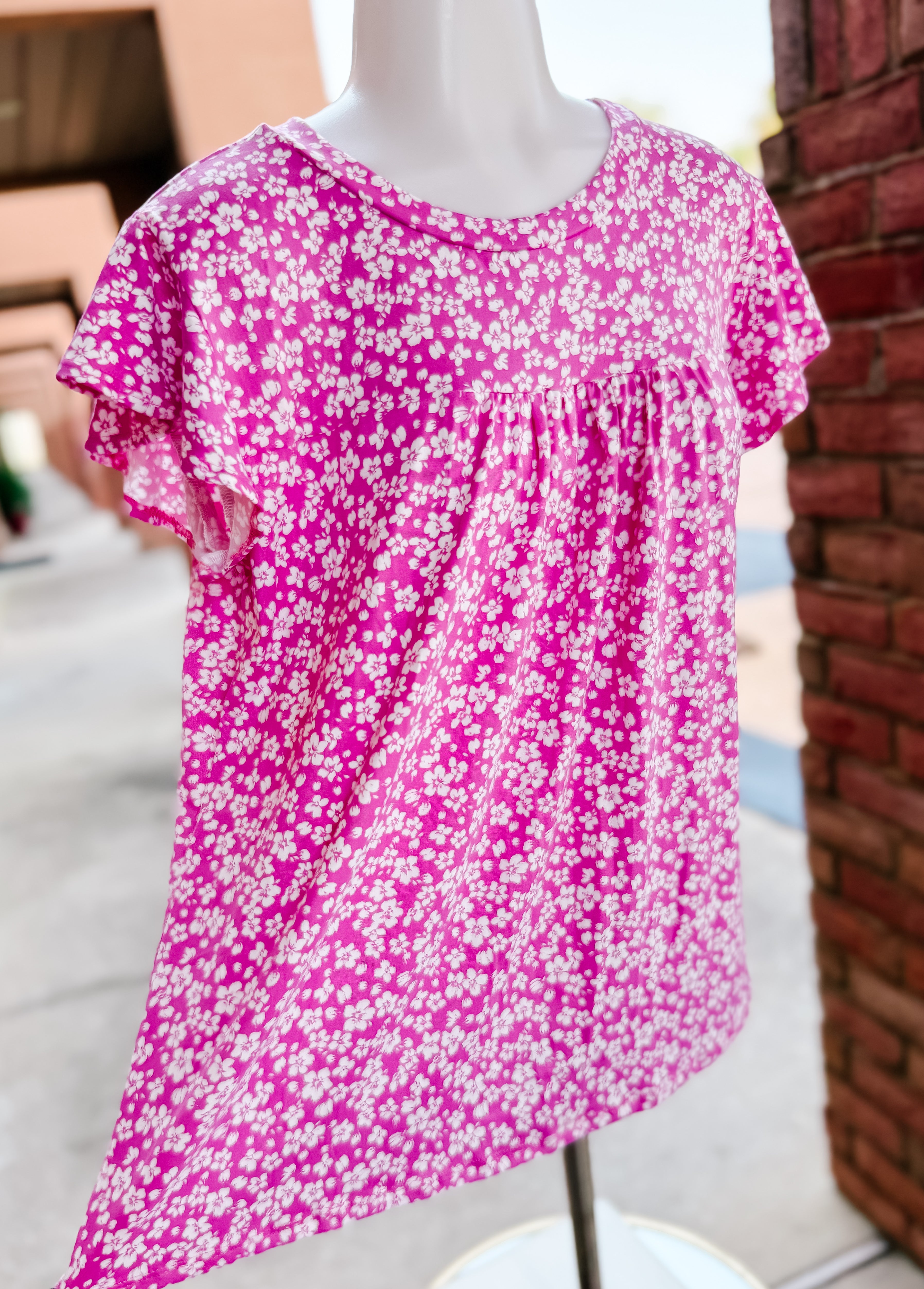 Fuchsia Floral Ruffle Short Sleeve Top- SALE