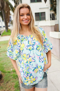 AQUA YELLOW GREEN BLUE FLORAL BUBBLE SLEEVE TOP