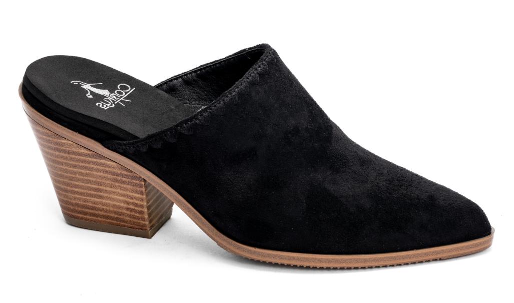 SIZZLE BLACK FAUX SUEDE CLOSED TOE HEELED SANDAL SHOES BY CORKYS