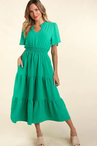 GREEN MAXI TIERED SMOCKED WAIST SIDE POCKETED DRESS