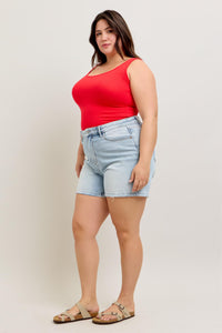 HIGH WAIST RIGID MAGIC LIGHT WASH DENIM SHORTS BY JUDY BLUE-PLUS