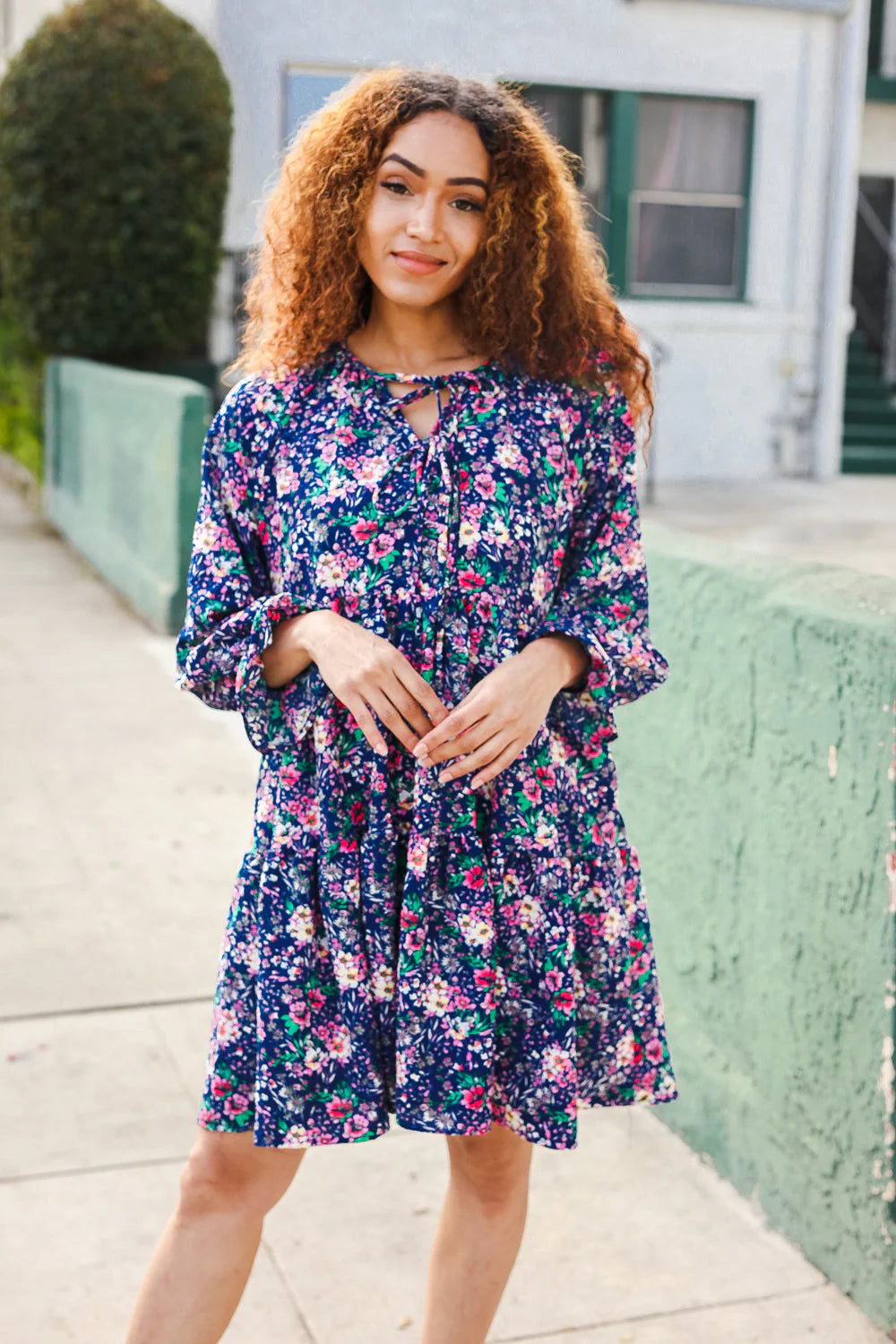 NAVY FLORAL BOW TIE BABYDOLL LONG SLEEVE RUFFLE DRESS