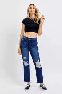 HIGH WAIST RIGID MAGIC HEAVY DESTROYED STRAIGHT DARKWASH JUDY BLUE DENIM-PLUS