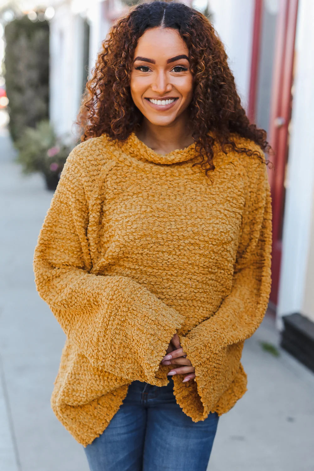 MUSTARD BUTTERSCOTCH THICK POPCORN COWL NECK SWEATER - PLUS