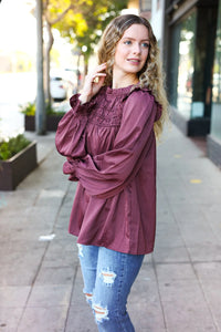 WINE MARSALA BE YOUR BEST SATIN SHIRRED YOKE FRILLY MOCK NECK BLOUSE