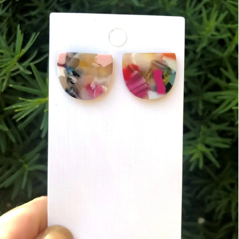 MULTI COLOR ACRYLIC STATEMENT STUD HALF CIRCLE HANDMADE BBB EARRINGS